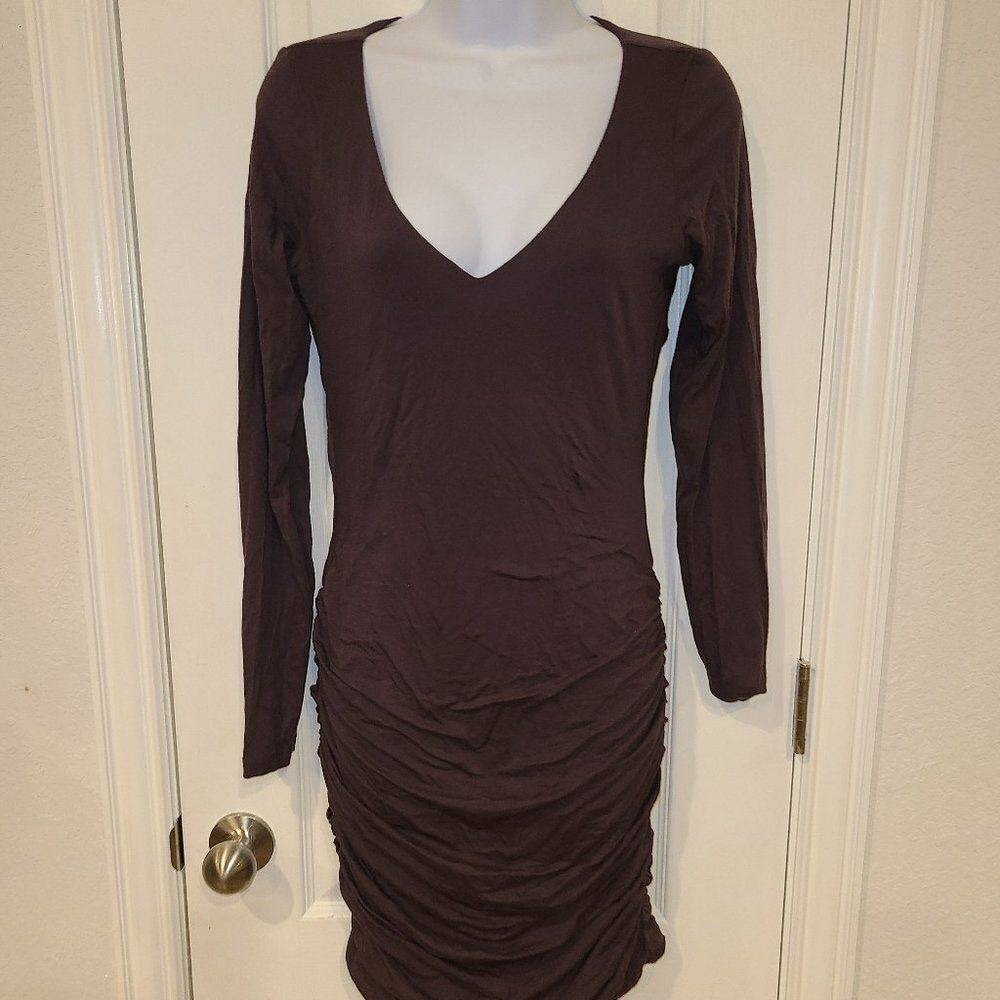 Long Sleeve V-Neck Ruched Womens Dress - Brown